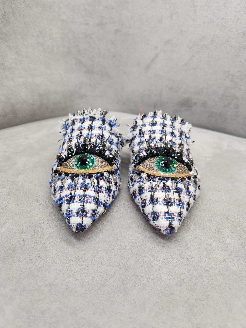 Kurt Geiger Mules 5 Blue White Tweed Plaid Olive Eye Fray Beaded Pointy New $195 - Picture 13 of 17